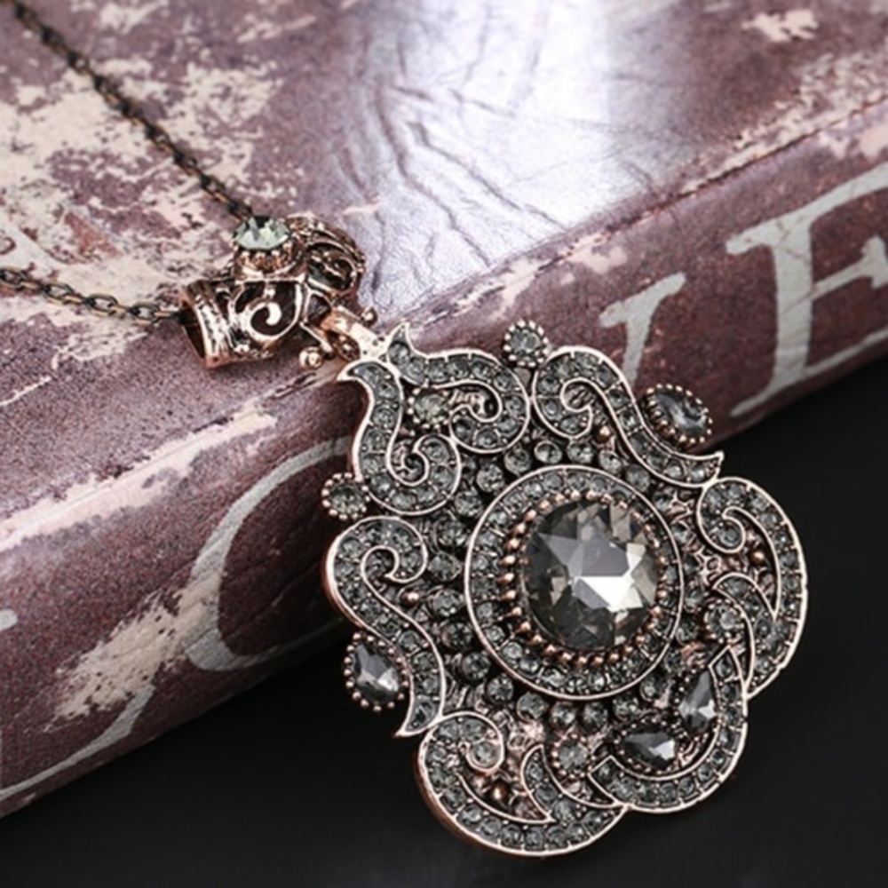 Antique Gold Gray Crystal Necklace
